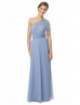 A-line One Shoulder Sky Blue Tulle Pleated Bridesmaid Dress With Sash